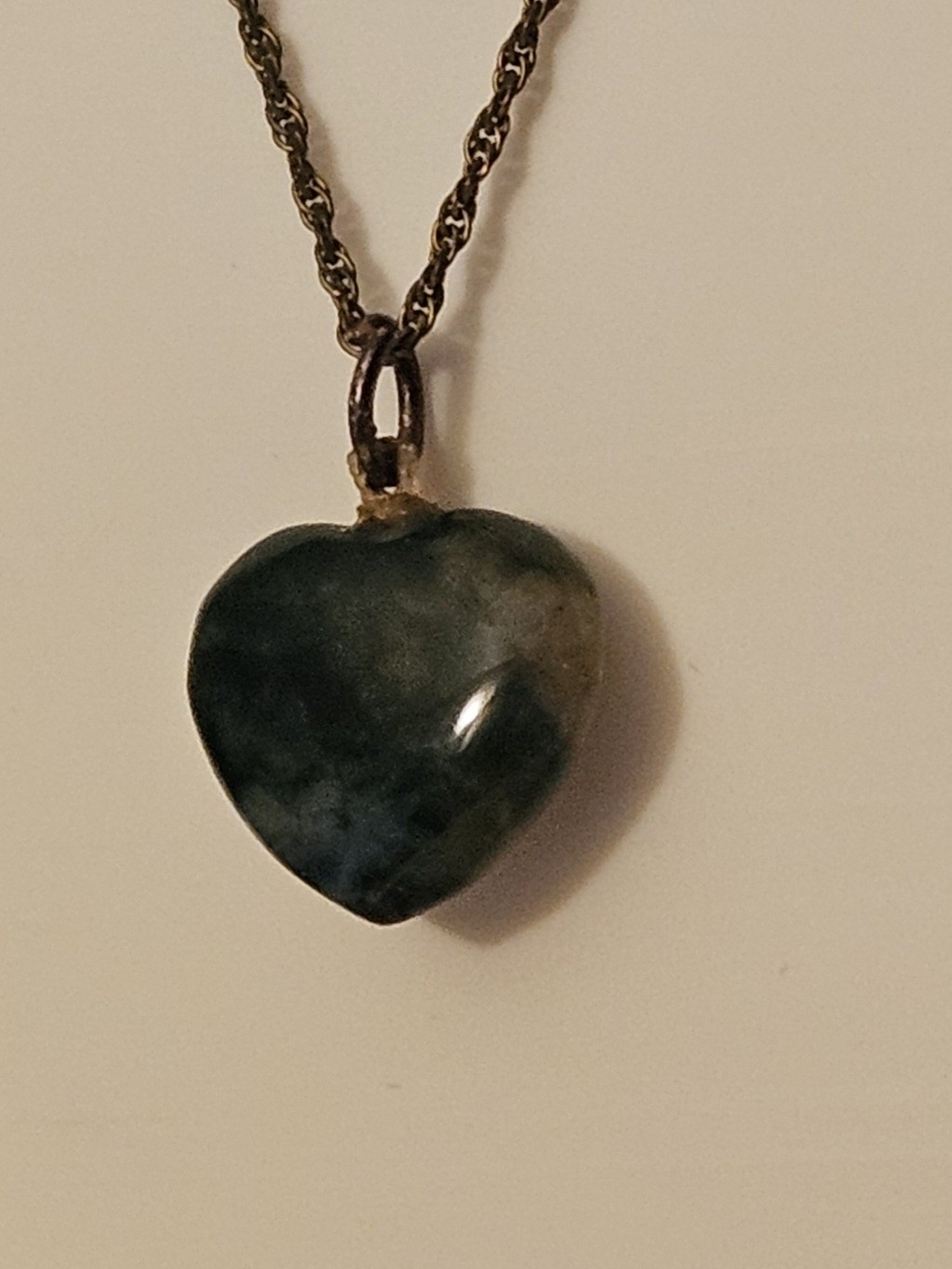 Stone Heart Pendant Necklace in Dark Green with Gold Bail. 2 Sided. - Picture 2 of 5
